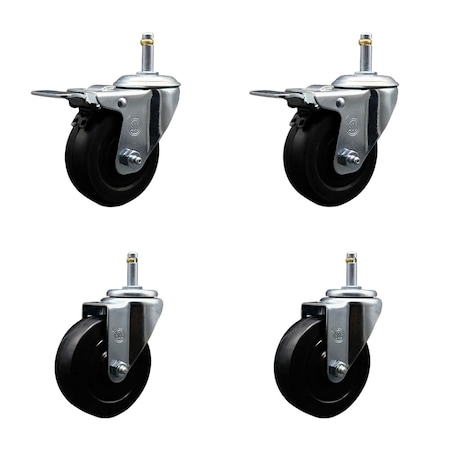 Service Caster 4'' Soft Rubber Wheel Swivel 7/16'' Grip Ring Stem Caster Set 2 Brakes, 4PK SCC-GR20S414-SRS-PLB-716138-2-S-2